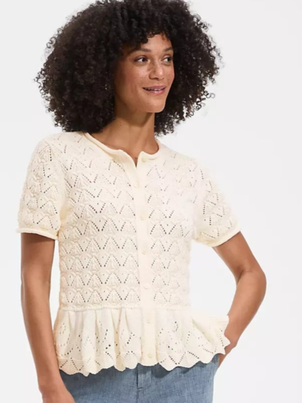 NWT Lands End Womens Drifter Pointelle Ruffle Hem Cardigan Size XL Cottagecore